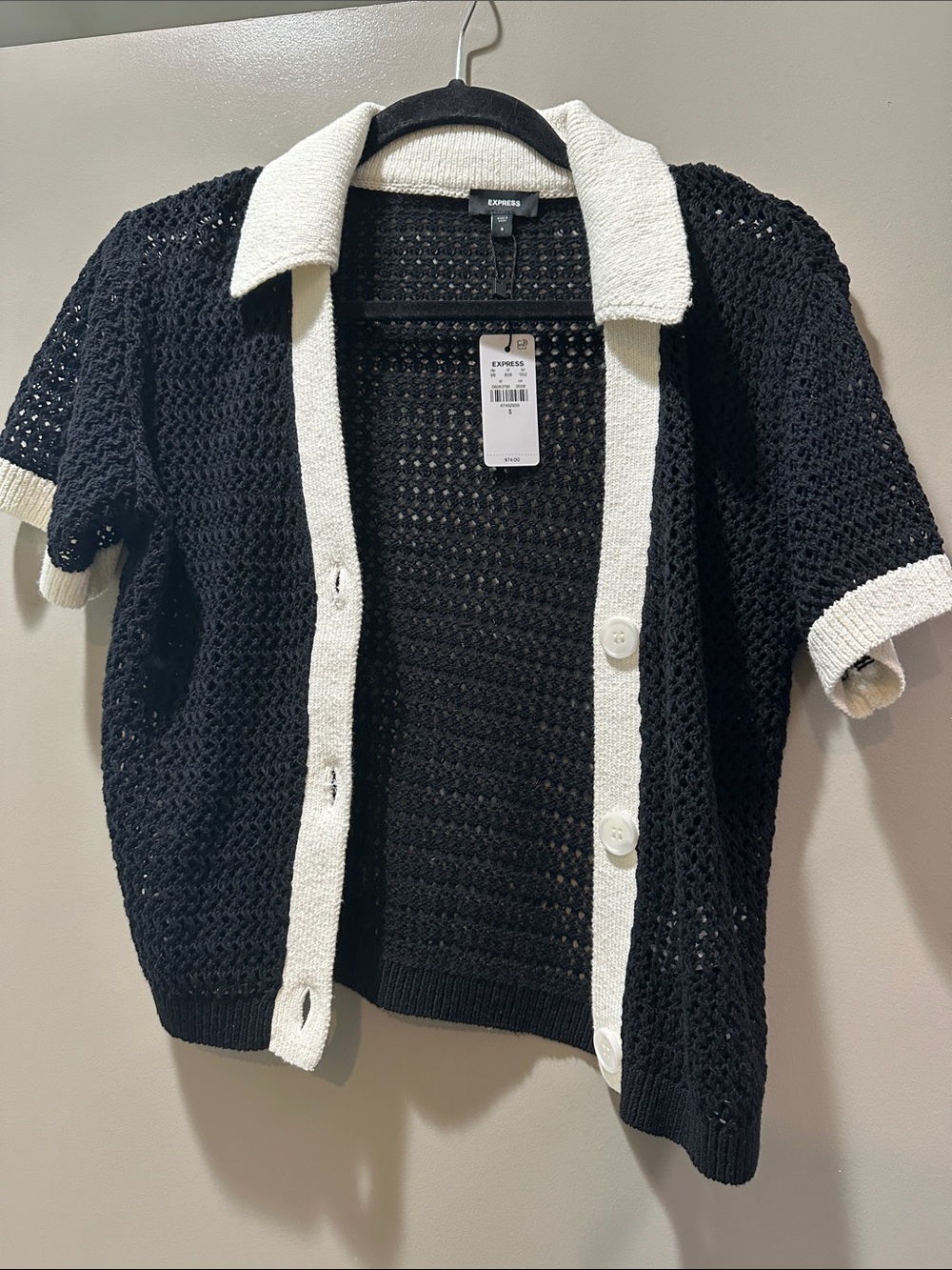 Express Black & White Short-Sleeve Knit Cardigan with Contrast Trim